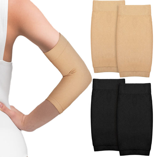 2 Pairs Full Forearm Tattoo Cover Up Compression Sleeves Band Concealer Support UV Arm Sleeves for Women Men (Black Nude7.1 x 3.9 Inch)