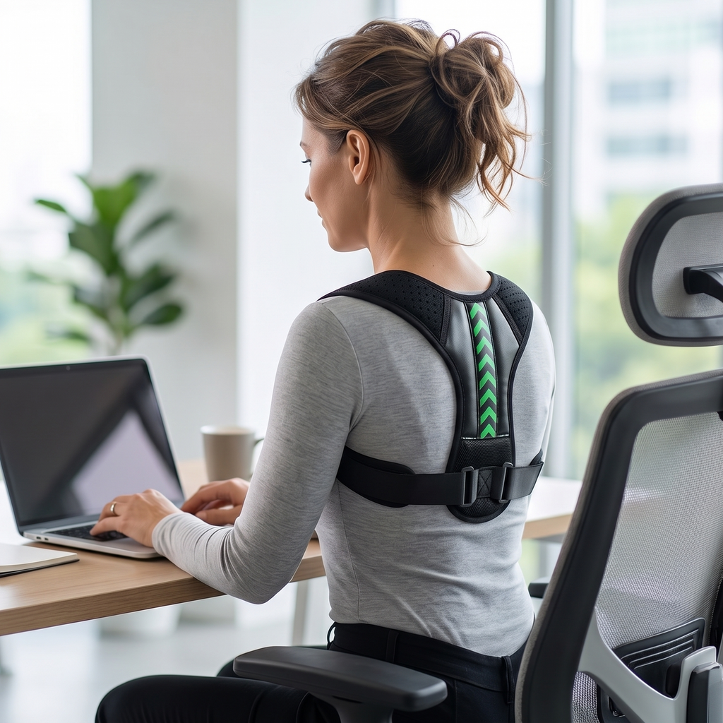A woman sitting at a desk in an office setting, wearing a black posture corrector brace on her back. She is viewed from behind, looking at a laptop on a light wood desk, with a modern black and gray ergonomic office chair in the foreground.
