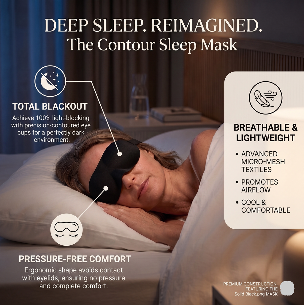 Woman wearing a Contour Sleep Mask with product features highlighted